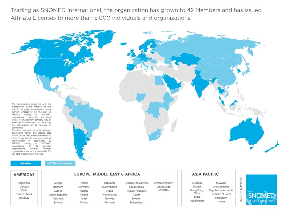 SNOMED CT에 참여하고 있는 국가들 출처: SNOMED 인터내셔널 홈페이지